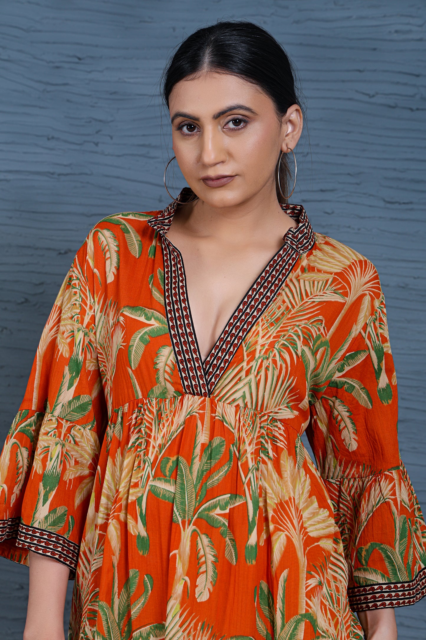 Luxe Three Fourth Sleeve Orange Printed Long Dress