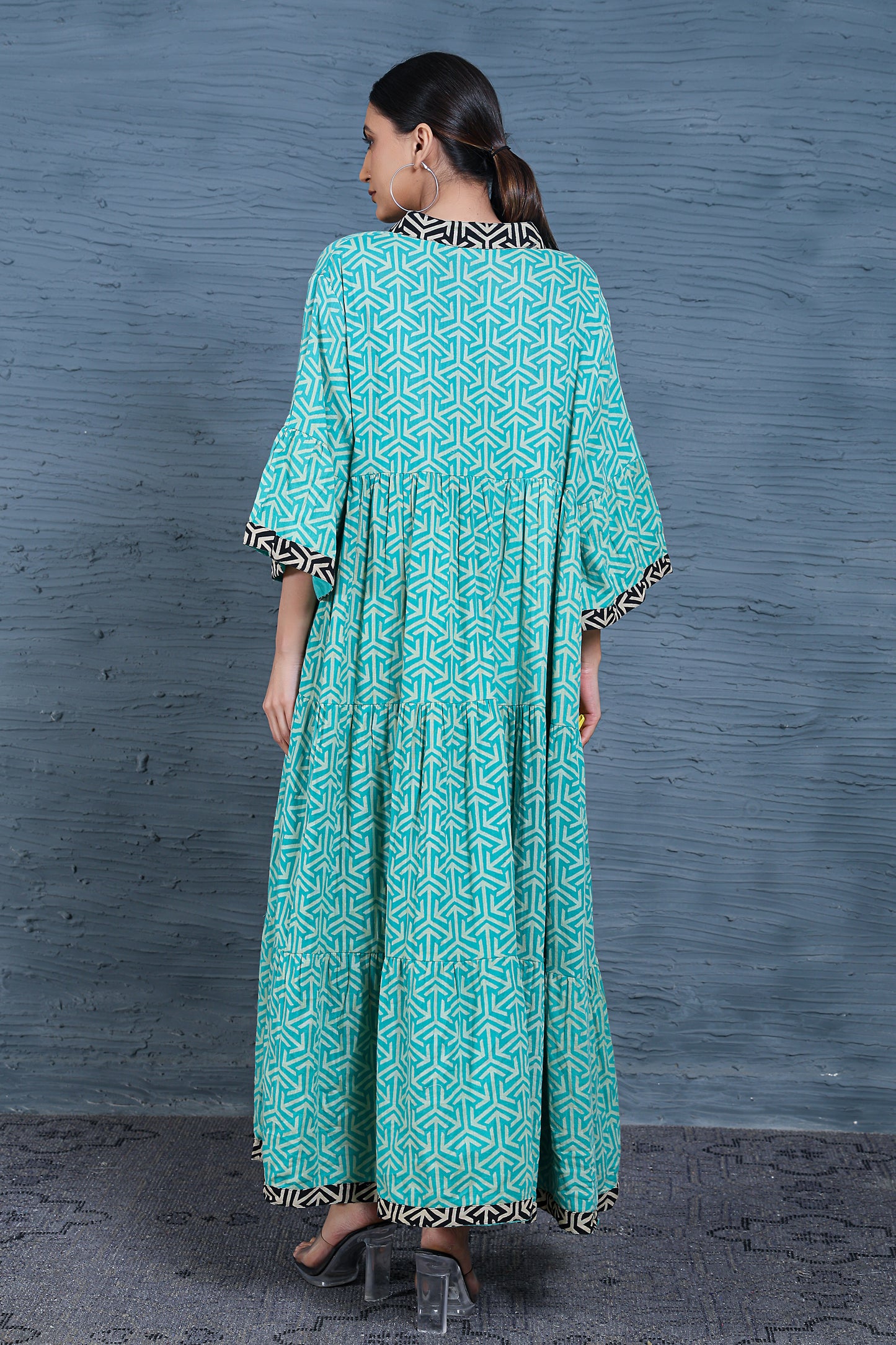 Luxe Three Fourth Sleeve Teal Printed Long Dress