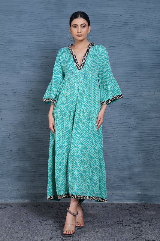 Luxe Three Fourth Sleeve Teal Printed Long Dress