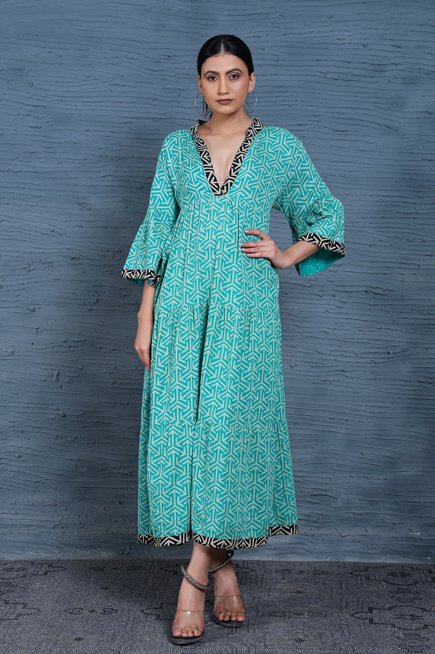 Luxe Three Fourth Sleeve Teal Printed Long Dress