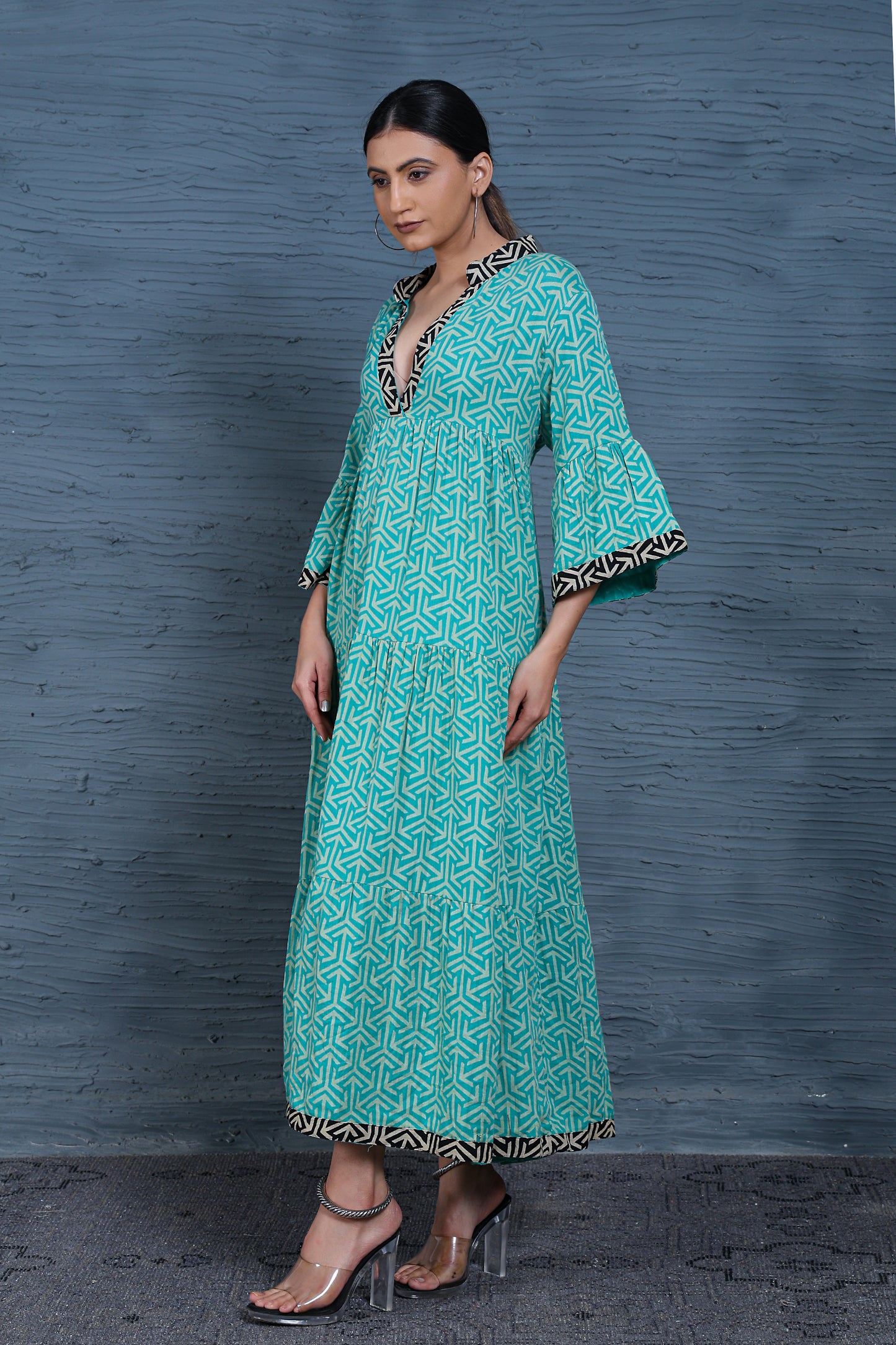 Luxe Three Fourth Sleeve Teal Printed Long Dress