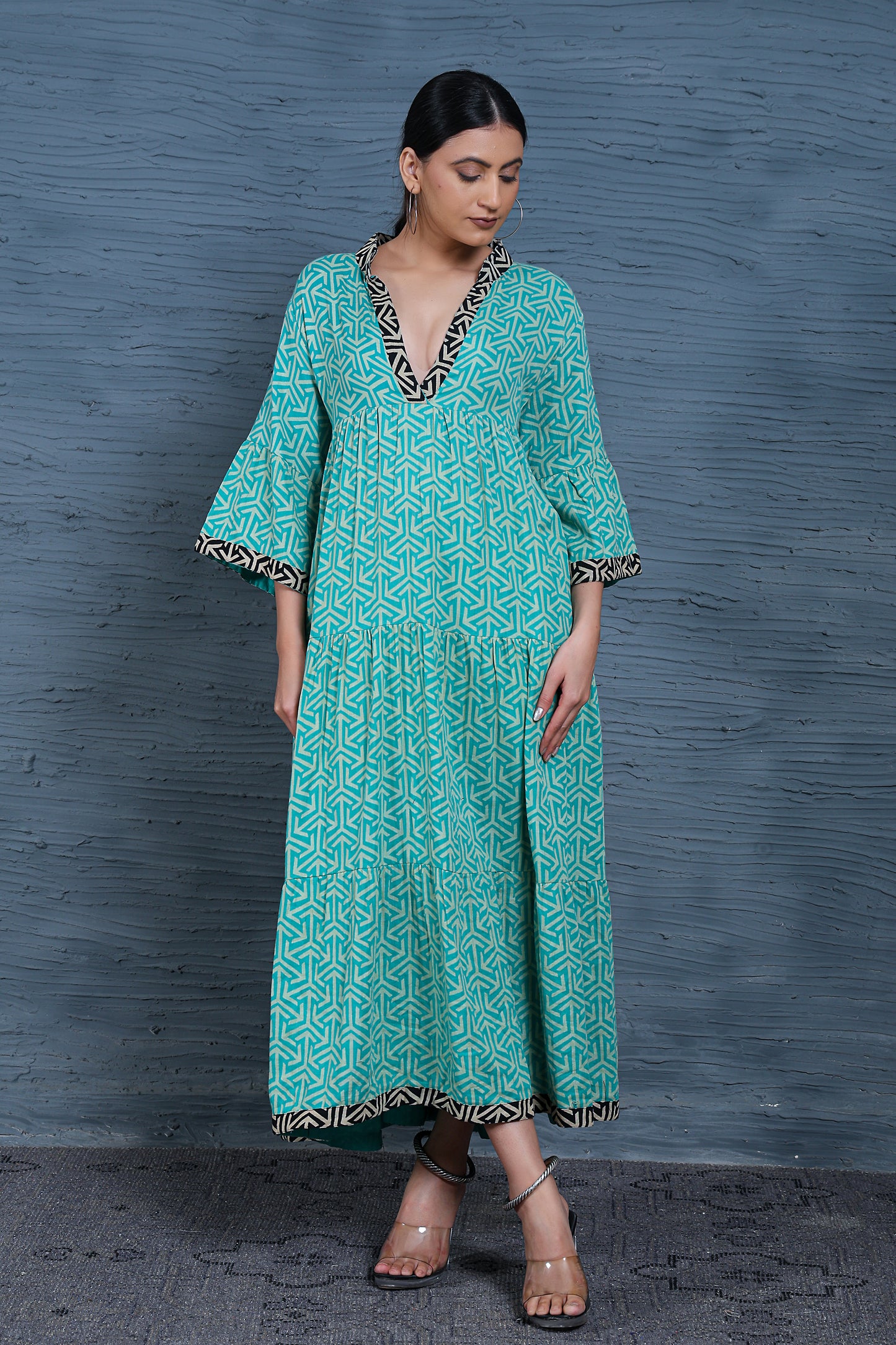Luxe Three Fourth Sleeve Teal Printed Long Dress