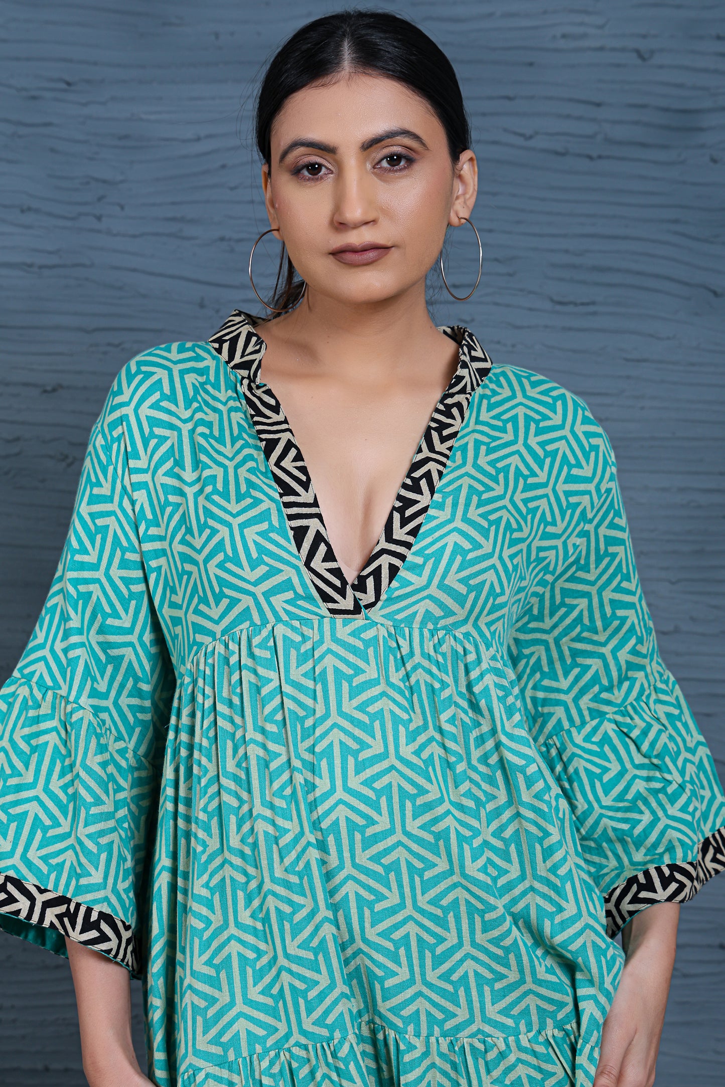 Luxe Three Fourth Sleeve Teal Printed Long Dress