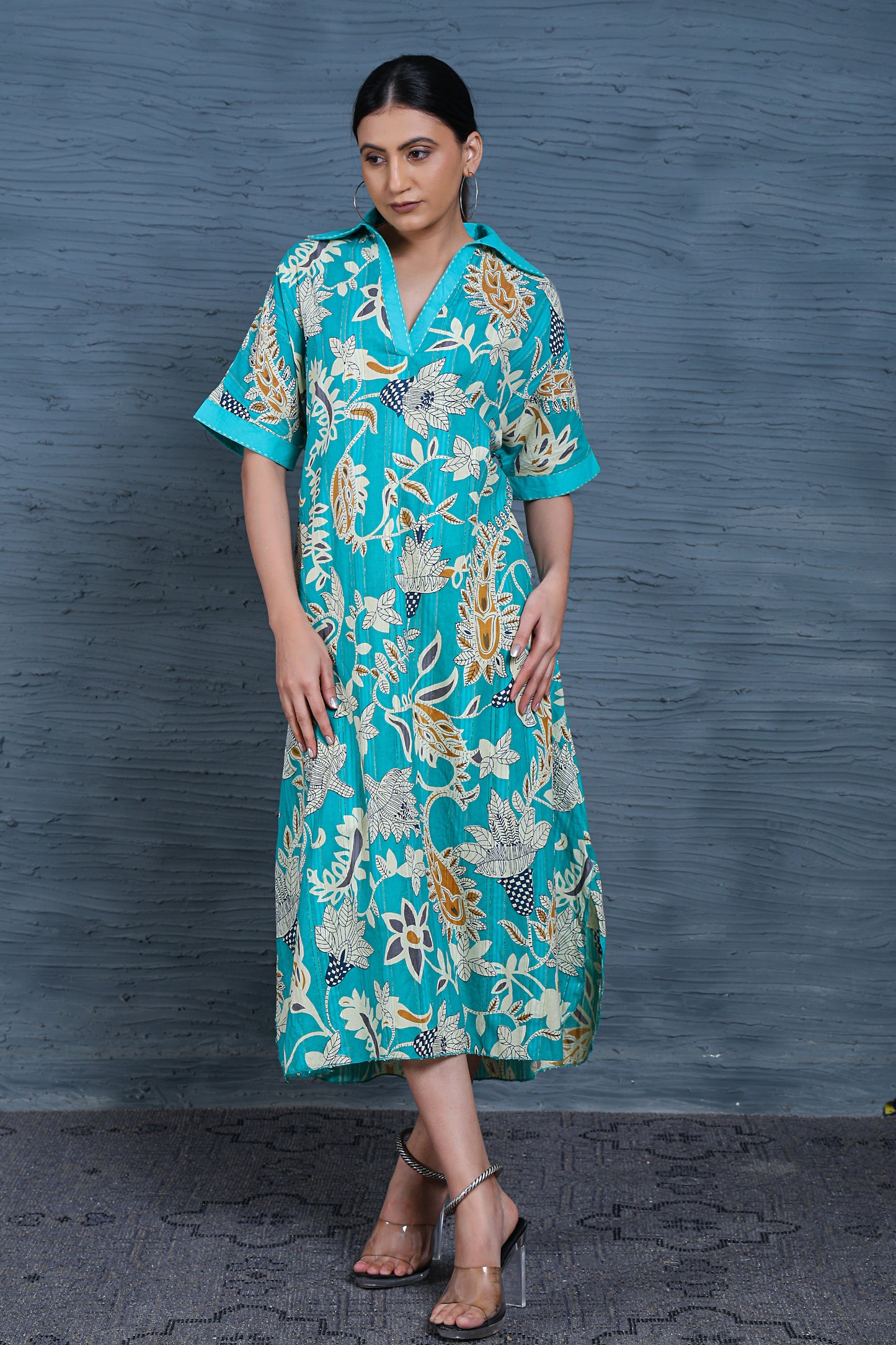 Luxe Half Sleeve Teal Printed flower Print Dress