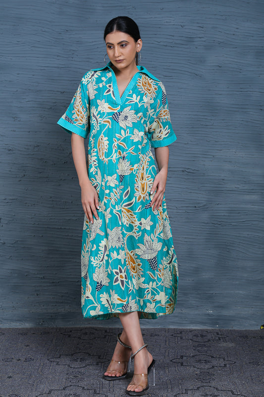 Luxe Half Sleeve Teal Printed flower Print Dress