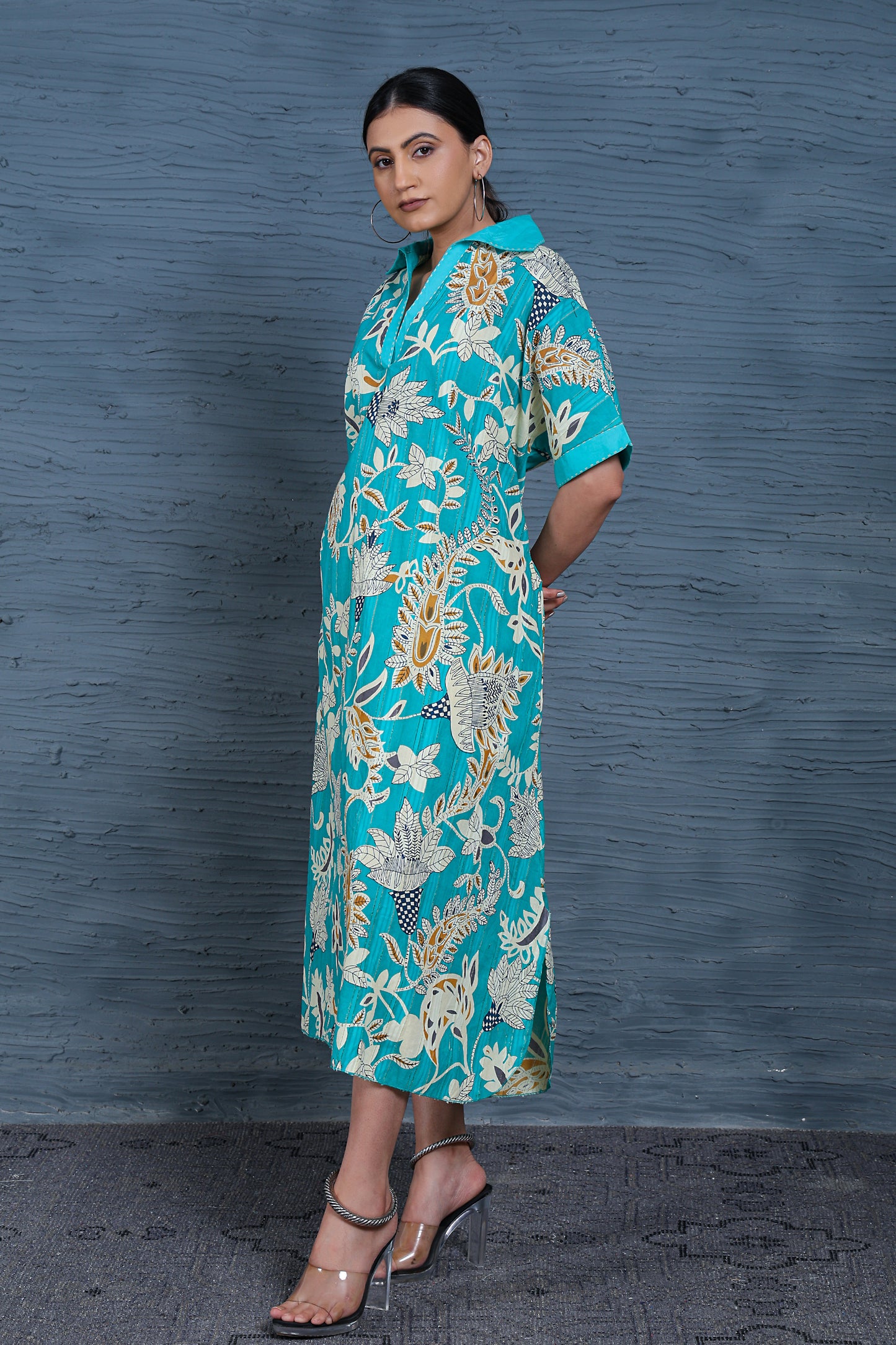 Luxe Half Sleeve Teal Printed flower Print Dress