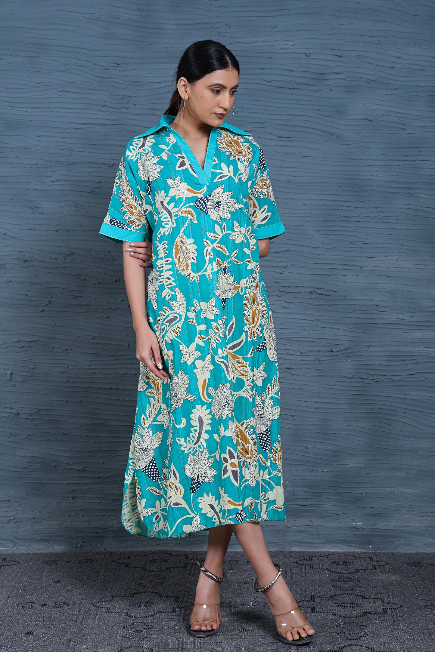 Luxe Half Sleeve Teal Printed flower Print Dress