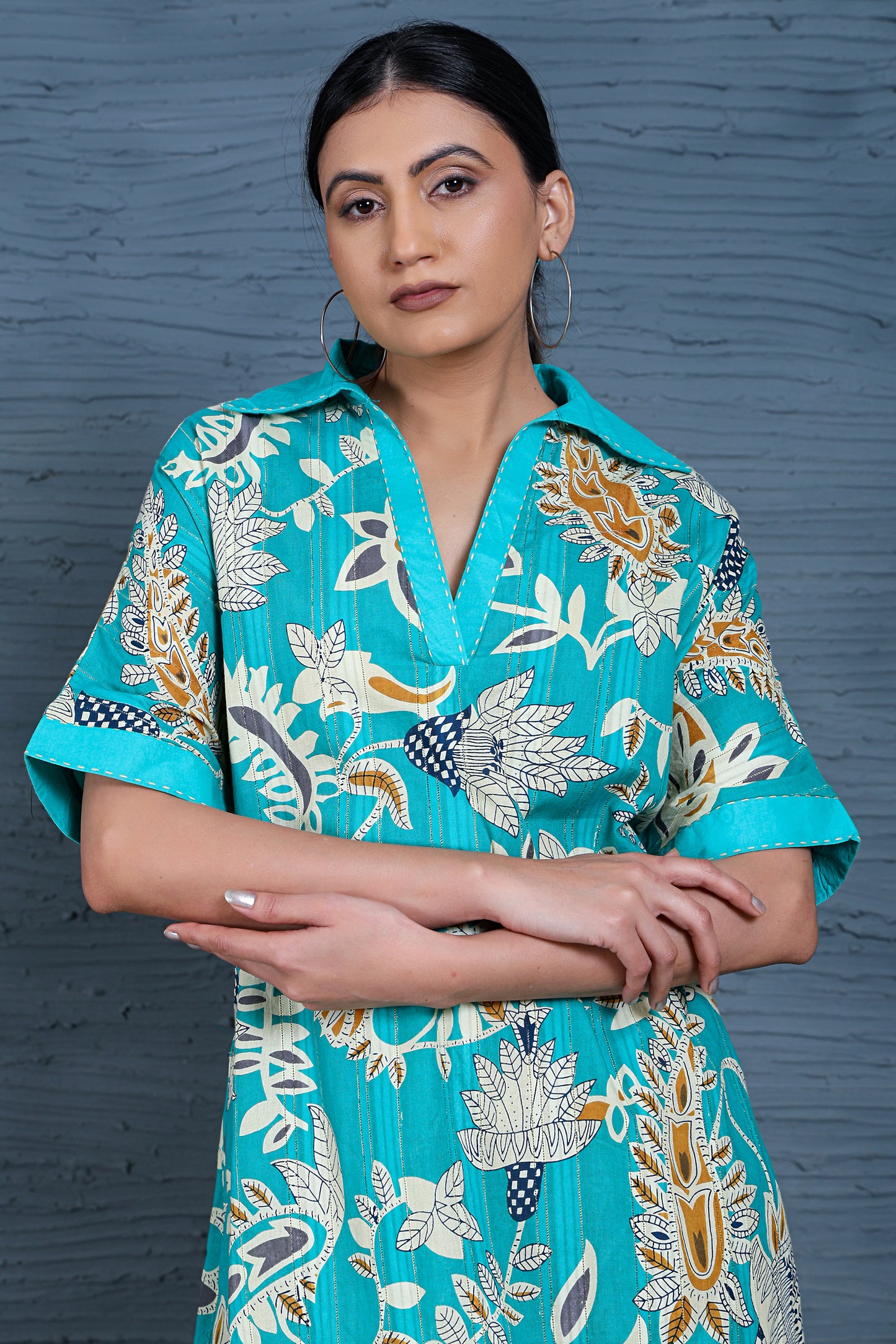 Luxe Half Sleeve Teal Printed flower Print Dress